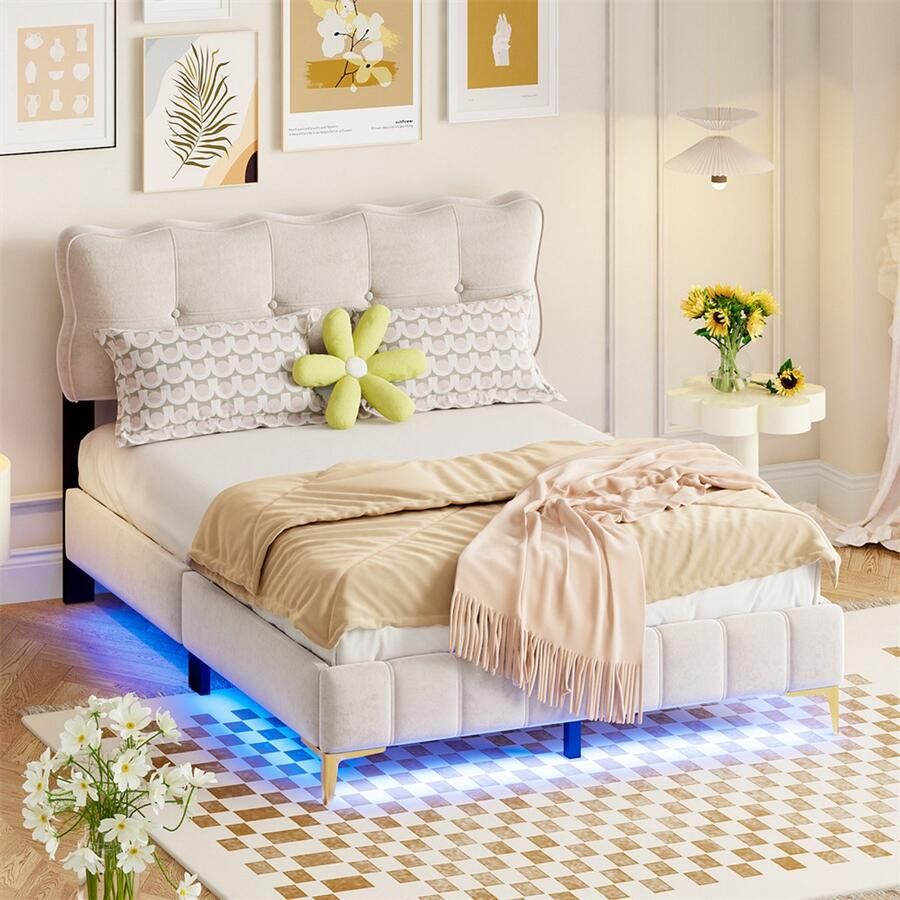 YEHTOKHOME Gestoffeerd bed 140 x 200 cm jeugdbed tweepersoonsbed met LED verlichting met lattenbodem en hoofdeinde metalen voeten fluwelen stof beige (zonder matras)