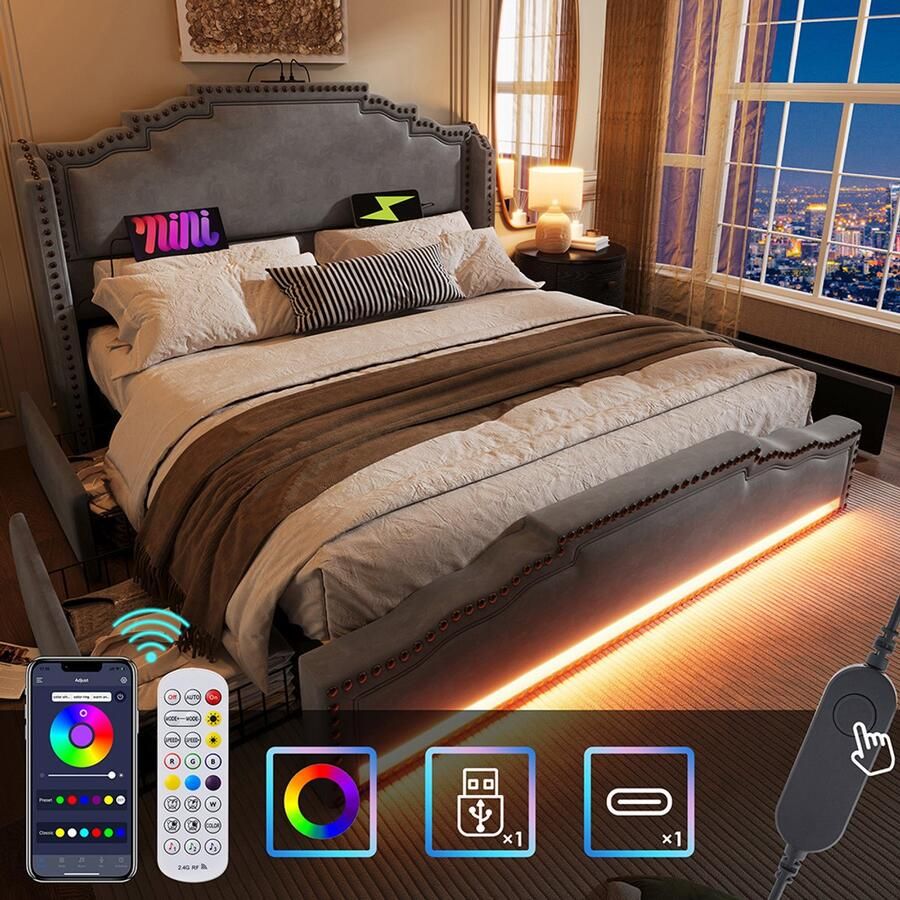 YEHTOKHOME Gestoffeerd bed 140x200 cm met opbergruimte Tweepersoonsbed met 4 lades LED verlichting USB Type C-oplader Opbergbed volwassen bed met lattenbodem Fluweel Retrostijl Grijs (zonder matras)
