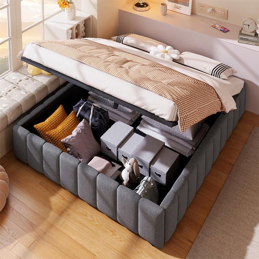 YEHTOKHOME Gestoffeerd bed 140x200 cm Tweepersoonsbed met hydraulische opbergruimte Lattenbodem zonder hoofdeinde zonder matras grijs linnen