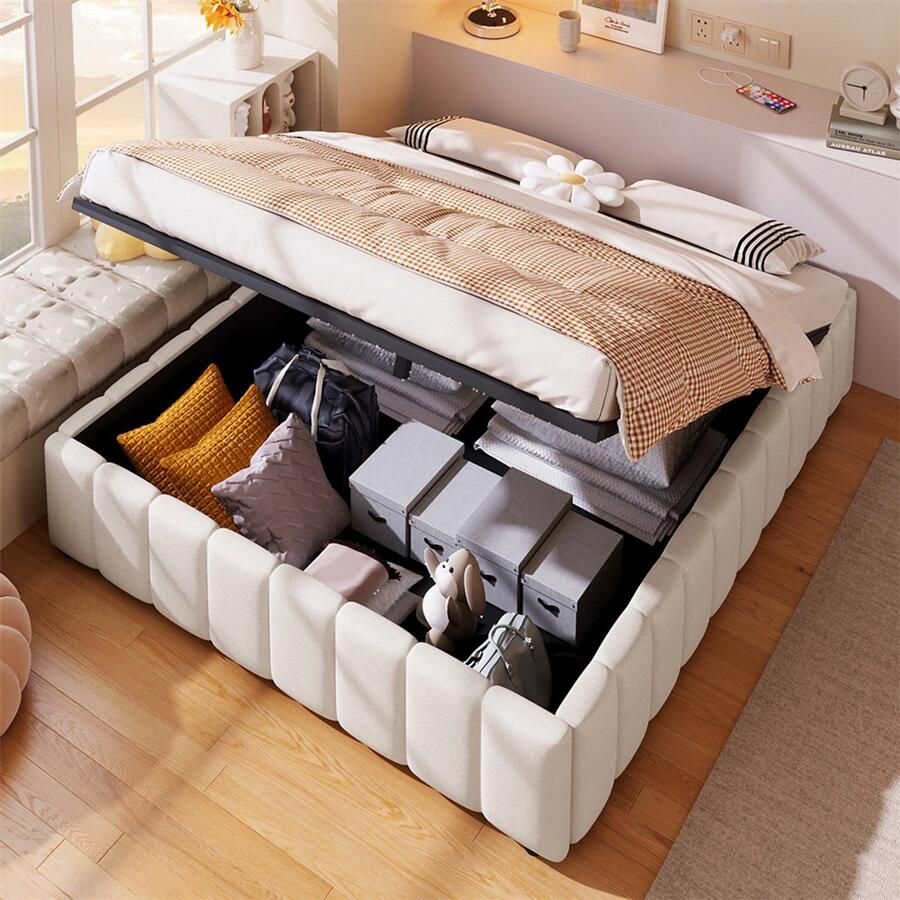 YEHTOKHOME Gestoffeerd bed 140x200 cm Tweepersoonsbed met hydraulische opbergruimte Lattenbodem zonder hoofdeinde zonder matras beige linnen