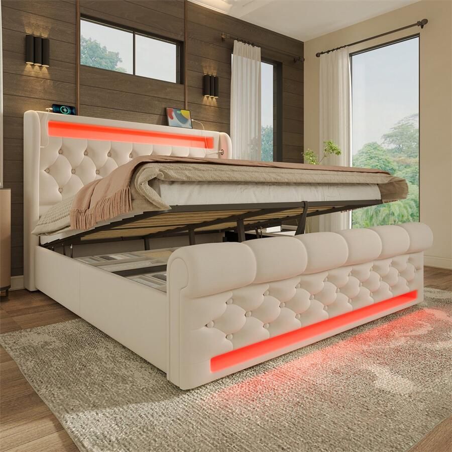 YEHTOKHOME Gestoffeerd Bed 160x200 cm Tweepersoonsbed met LED verlichting USB C-type oplaadfunctie Hydraulische hendel Lattenbodem Beige Fluweel (zonder matras)