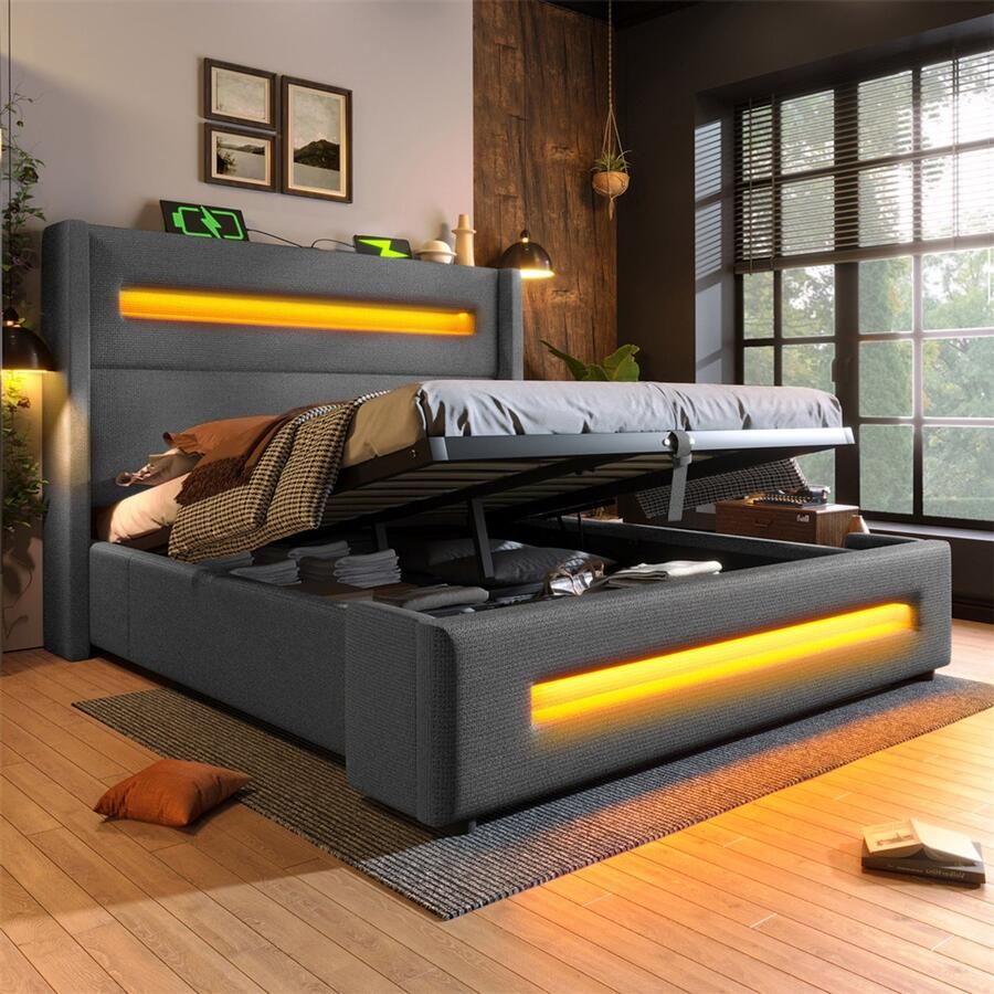 YEHTOKHOME Gestoffeerd bed 140x200 cm tweepersoonsbed jeugdbed met LED-verlichting hydraulisch hefbare bedopbergruimte USB C-type oplaadfunctie opbergbed linnen grijs zonder matras