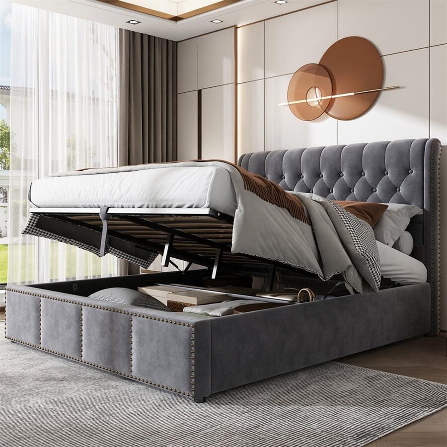 YEHTOKHOME Gestoffeerd bed 140 x 200 cm Tweepersoonsbed met opbergruimte hydraulische functie klinknagels decoratie grijs fluweel (zonder matras)