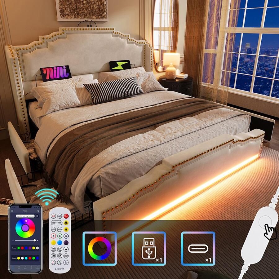 YEHTOKHOME Gestoffeerd bed 160x200 cm met opbergruimte Tweepersoonsbed met 4 lades LED verlichting USB Type C-oplader Opbergbed volwassen bed met lattenbodem Fluweel Retrostijl Beige (zonder matras)