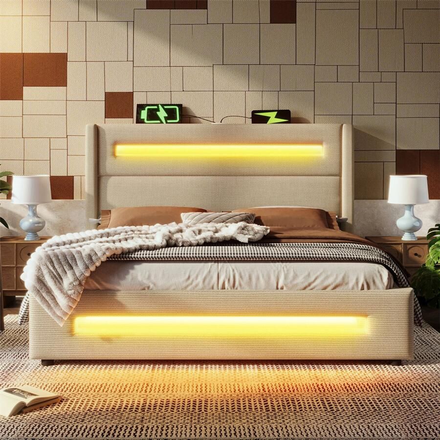 YEHTOKHOME Gestoffeerd bed 140x200 cm tweepersoonsbed jeugdbed met LED-verlichting hydraulisch hefbare bedopbergruimte USB C-type oplaadfunctie opbergbed linnen beige zonder matras