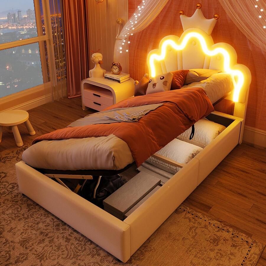 YEHTOKHOME Gestoffeerd bed 90 x 200 cm Prinsessenbed Eenpersoonsbed met hydraulische opbergruimte LED-verlichting Verstelbaar hoofdeinde in kroonvorm PU wit
