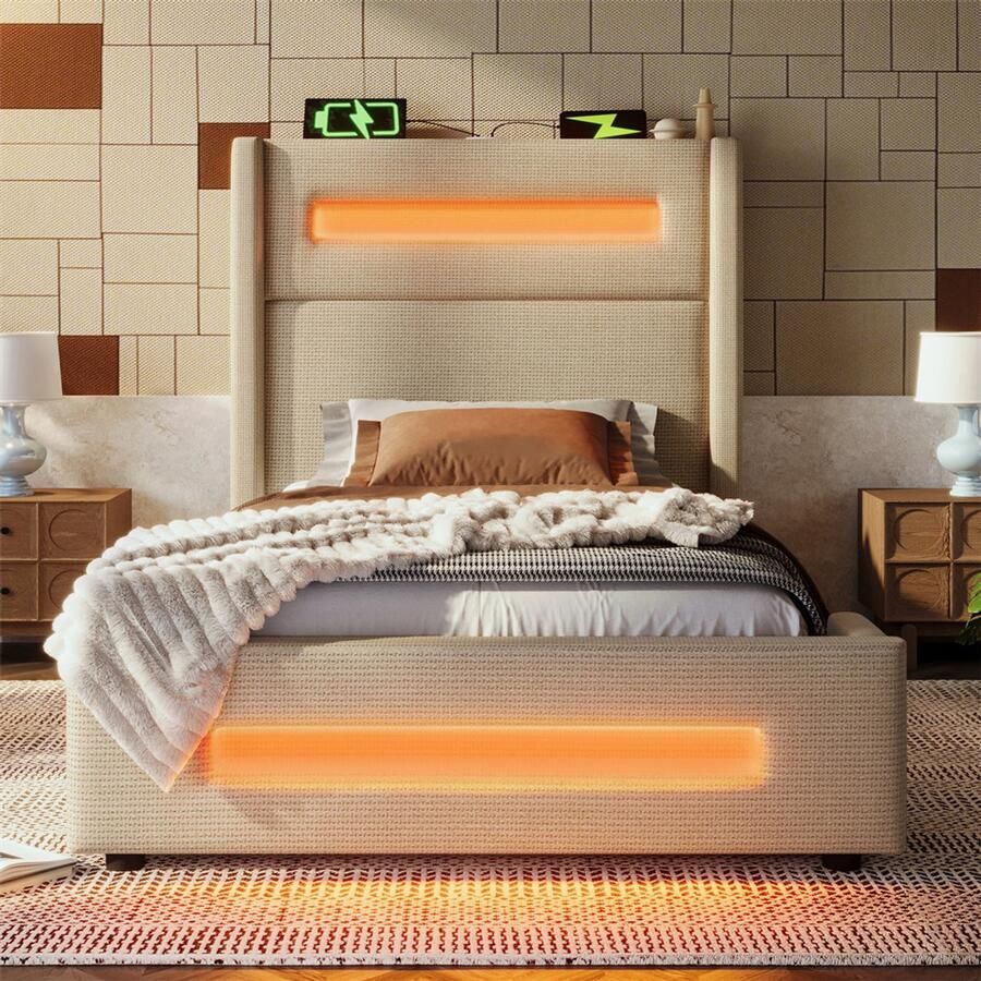 YEHTOKHOME Gestoffeerd bed 90x200 cm eenpersoonsbed jeugdbed met LED-verlichting hydraulisch hefbare bedopbergruimte USB C-type oplaadfunctie opbergbed linnen beige zonder matras