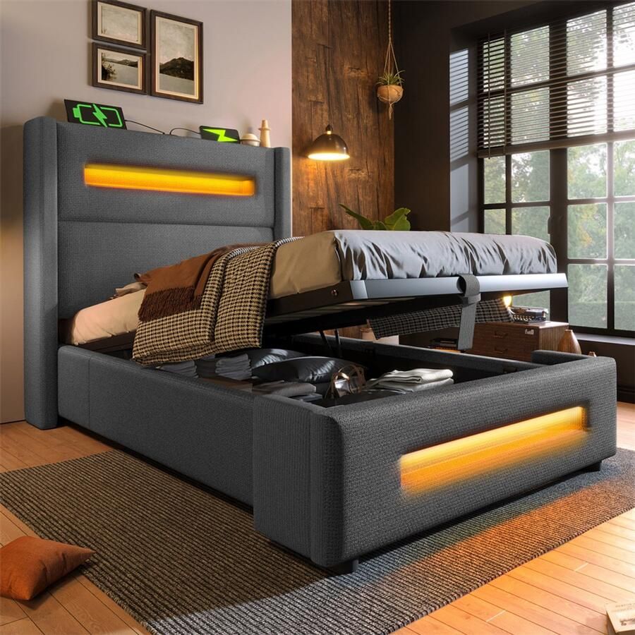 YEHTOKHOME Gestoffeerd bed 90x200 cm eenpersoonsbed jeugdbed met LED-verlichting hydraulisch hefbare bedopbergruimte USB C-type oplaadfunctie opbergbed linnen grijs zonder matras