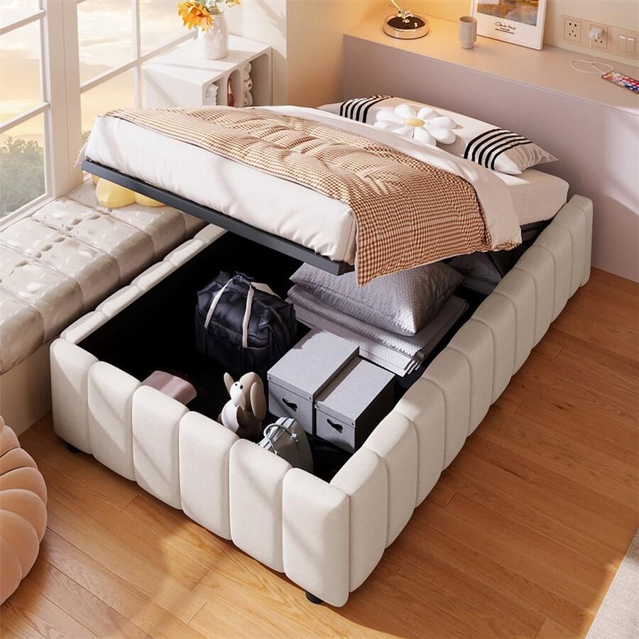 YEHTOKHOME Gestoffeerd bed 90x200 cm Eenpersoonsbed met hydraulische opbergruimte Lattenbodem zonder hoofdeinde zonder matras beige linnen