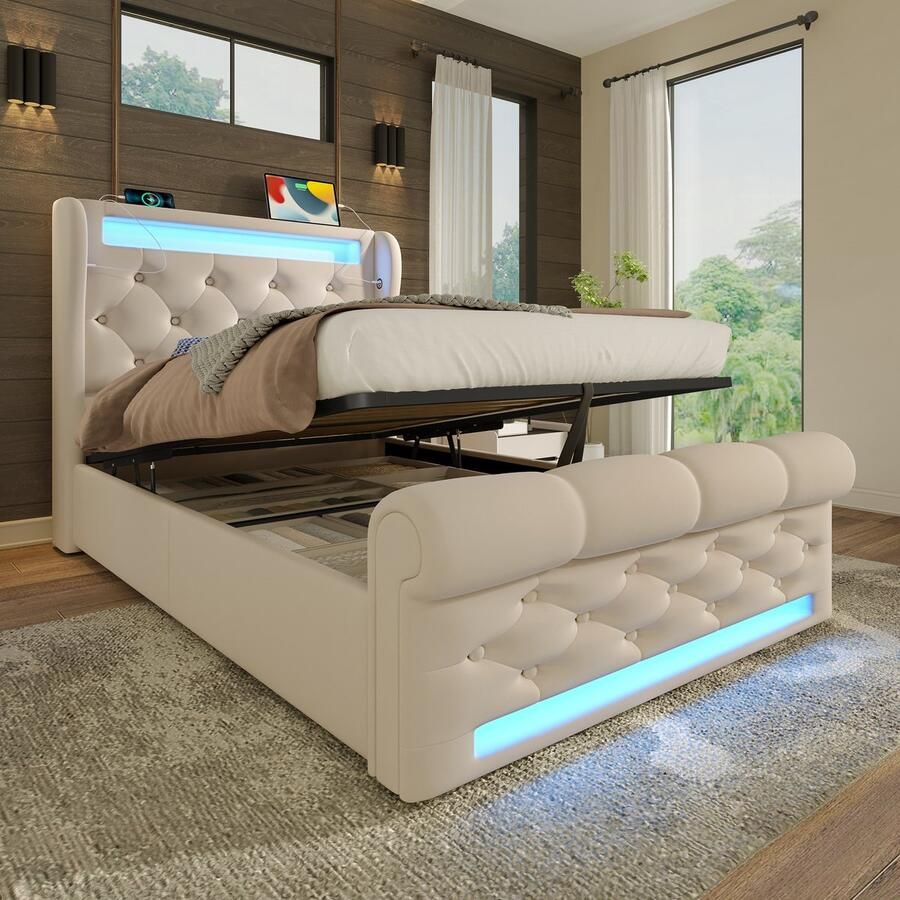 YEHTOKHOME Gestoffeerd Bed 90x200 cm Eenpersoonsbed met LED verlichting USB C-type oplaadfunctie Hydraulische hendel Lattenbodem Beige Fluweel (zonder matras)