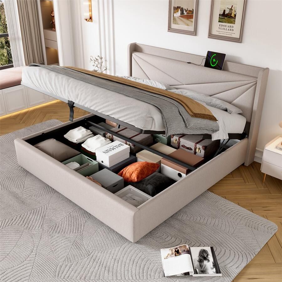 YEHTOKHOME Gestoffeerd bed Eenpersoonsbed 180x200 cm met opbergruimte USB type C-oplaadfunctie Hydraulisch Opbergbed Bedframe met lattenbodem Katoen linnen Beige (zonder matras)