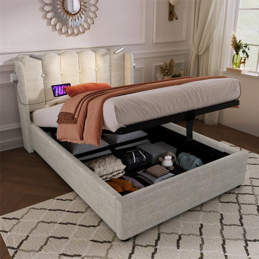 YEHTOKHOME Gestoffeerd bed Eenpersoonsbed 90x200 cm met opbergruimte USB oplaadfunctie Leselicht Lattenbodem Natuurlijk linnen Zonder matras