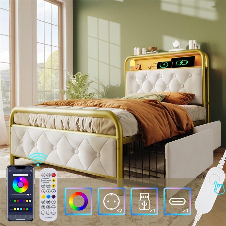 YEHTOKHOME Gestoffeerd bed Eenpersoonsbed met opladen USB Type C oplaadfunctie APP-Control LED verlichting Metalen bed 90x200 cm en 2 laden opbergbed fluweel wit (zonder matras)