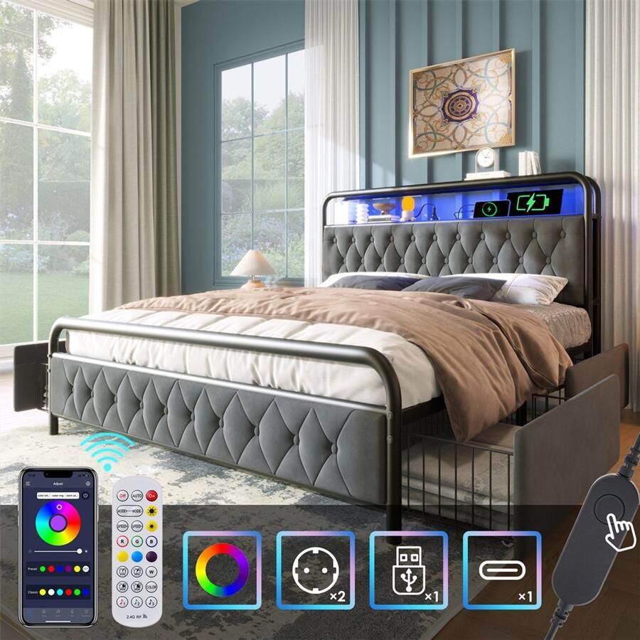YEHTOKHOME Gestoffeerd bed Eenpersoonsbed met opladen USB Type C oplaadfunctie APP-Control LED verlichting Metalen bed 180x200 cm en 4 laden opbergbed fluweel grijs (zonder matras)