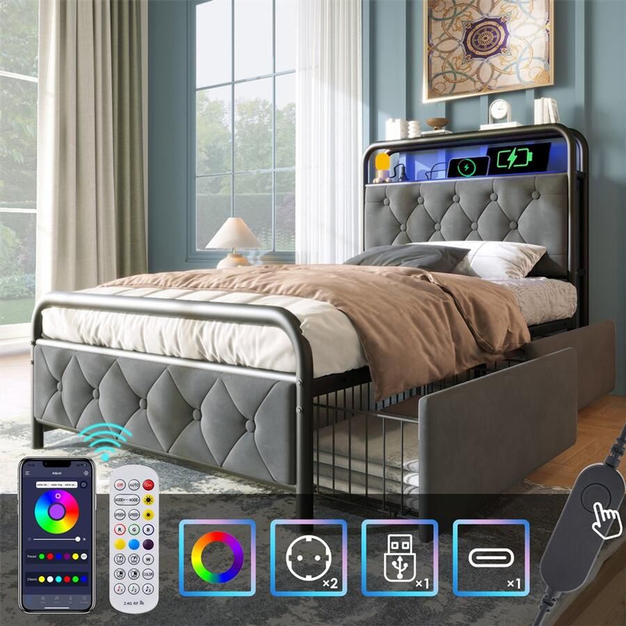YEHTOKHOME Gestoffeerd bed Eenpersoonsbed met opladen USB Type C oplaadfunctie APP-Control LED verlichting Metalen bed 90x200 cm en 2 laden opbergbed fluweel grijs (zonder matras)