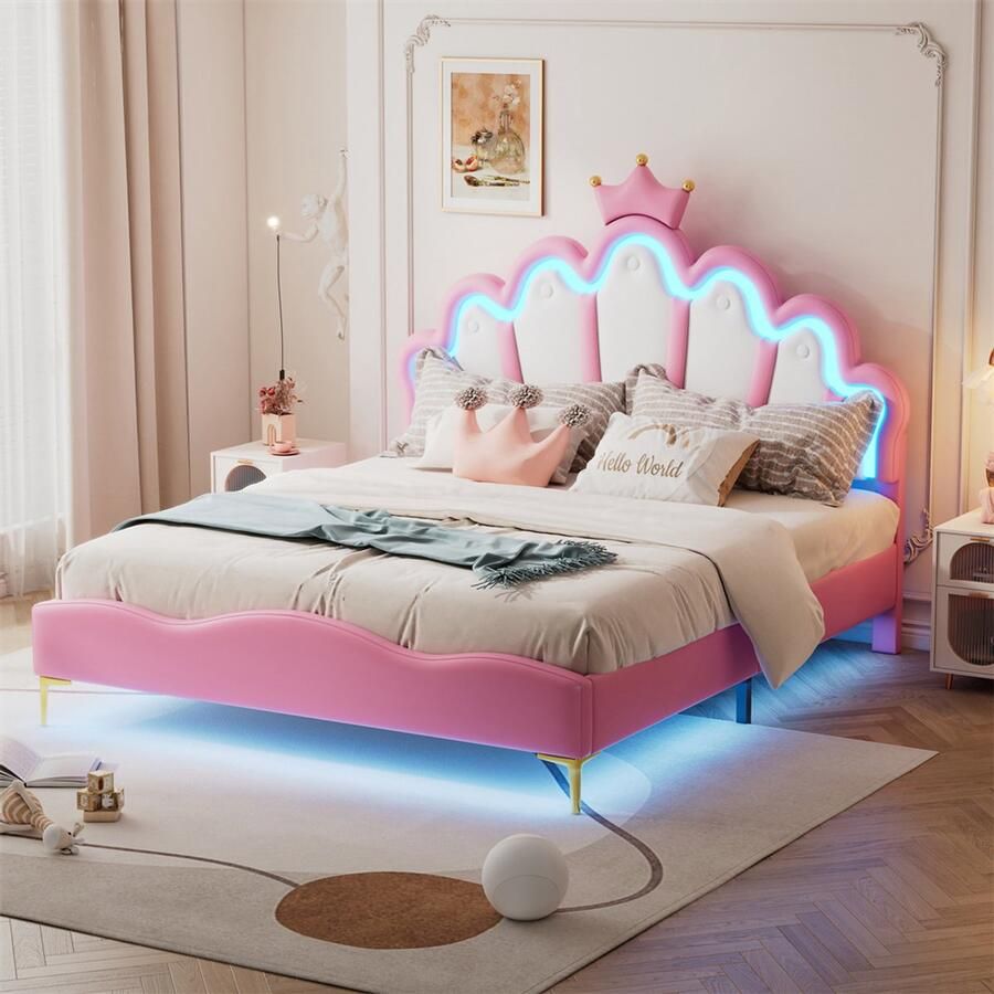 YEHTOKHOME Gestoffeerd bed kinderbed 140 x 200 cm Kroonvormig prinsessenbed met lattenbodem en verstelbaar hoofdeinde LED-kleurwissellicht PU Tweepersoonsbed in roze Zonder matras