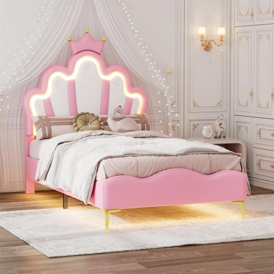 YEHTOKHOME Gestoffeerd bed kinderbed 90 x 200 cm Kroonvormig prinsessenbed met lattenbodem en verstelbaar hoofdeinde LED-kleurwissellicht PU Eenpersoonsbed in roze Zonder matras