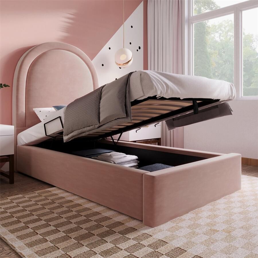 YEHTOKHOME Gestoffeerd bed kinderbed 90x200 cm eenpersoonsbed met hydraulische opbergruimte lattenbodem fluweel roze kosmisch patroon (zonder matras)