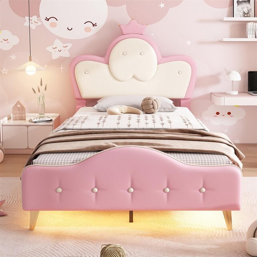 YEHTOKHOME Gestoffeerd bed kinderbed 90x200 cm Meisjes princess bed eenpersoonsbed Hoofdbord met kroon metalen bedpoten zachte beschermende randen monochrome LED-strip golfvorm met trekpunt aan het hoofdeinde van het bed PU Roze Zonder matras