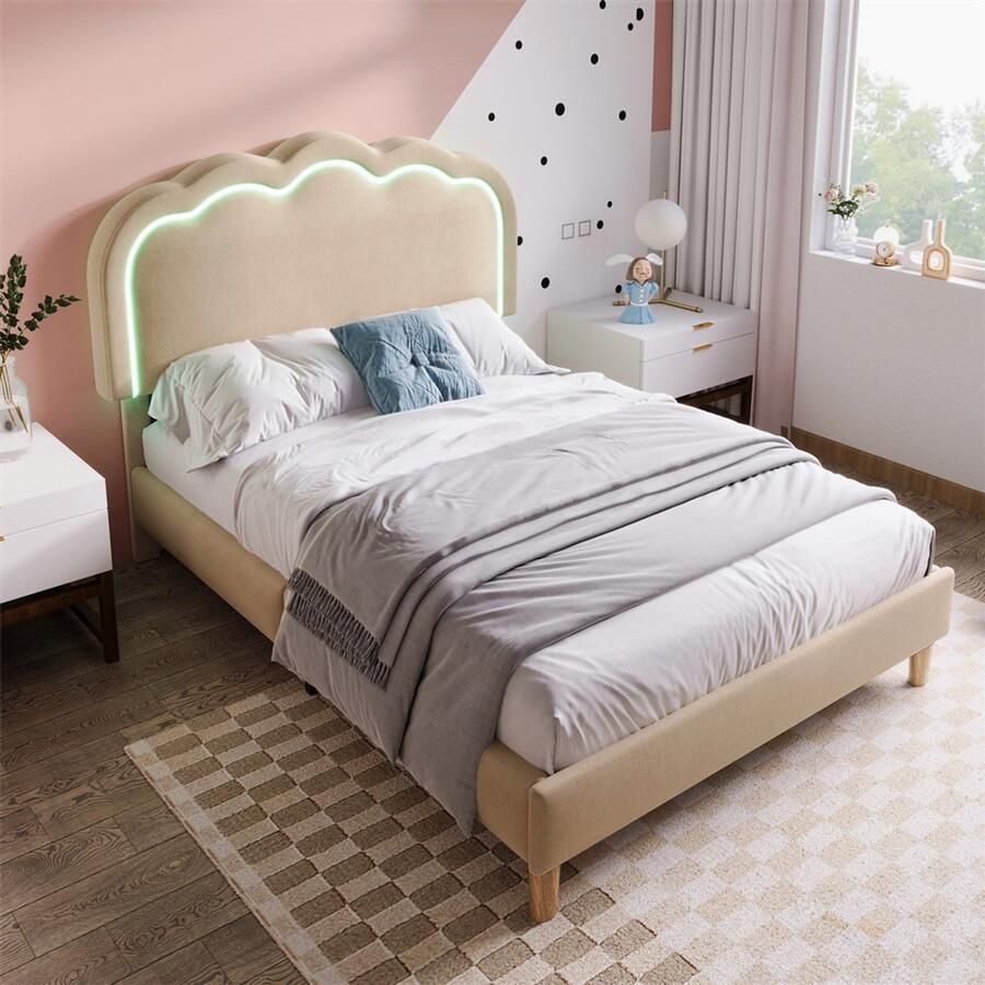 YEHTOKHOME Gestoffeerd bed LED eenpersoonsbed 90 x 190 cm Bedframe met lattenbodem en verstelbaar hoofdeinde Kinderbed in beige Jeugdbed voor slaapkamer gastenkamer Linnen (zonder matras)