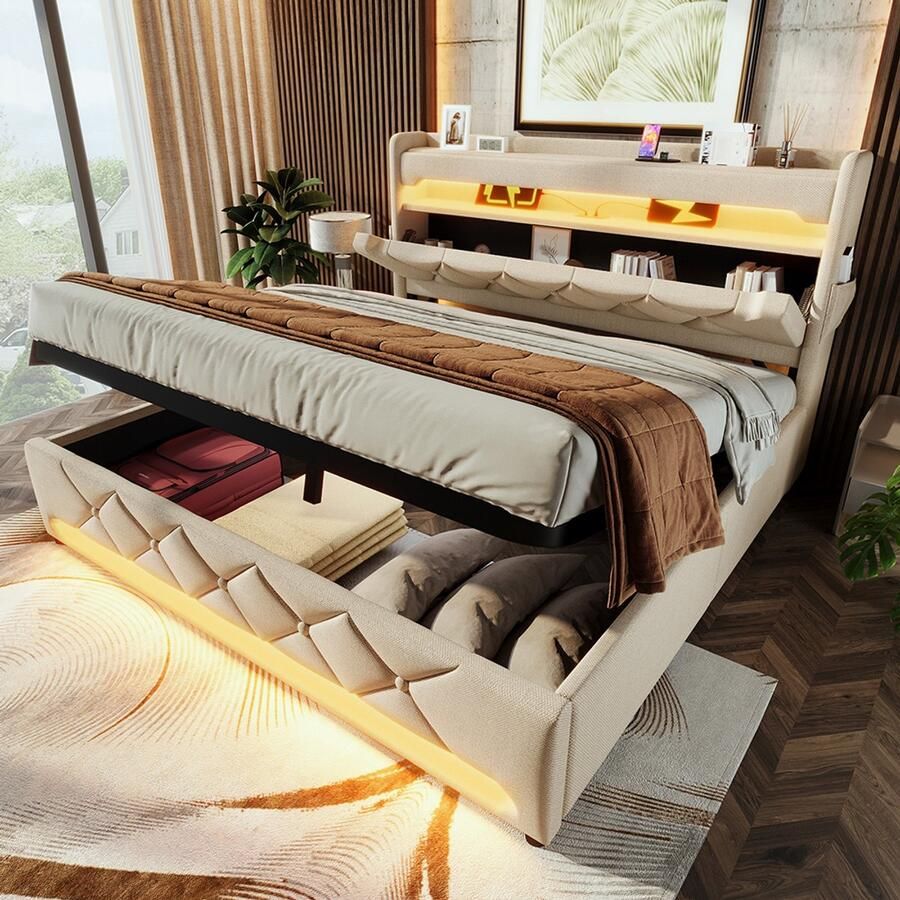 YEHTOKHOME Gestoffeerd bed Tweepersoonsbed 160x200 cm met USB- en Type C-poorten LED-verlichting hydraulische opbergruimte beige linnen (zonder matras)