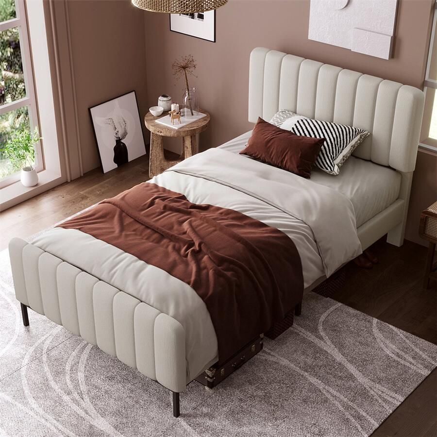 YEHTOKHOME Gestoffeerd Eenpersoonsbed 90x200 cm Bedframe met lattenbodem en verstelbaar hoofdeinde Gestoffeerd bed in grijs-beige Jeugdbed Linnen materiaal (zonder matras)
