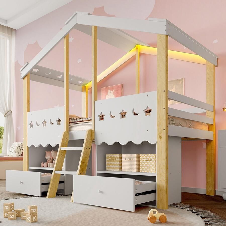 YEHTOKHOME Halfhoog bed 90 x 200 cm Hoogslaper Kinderbed met LED-verlichting 2 Lades in de vorm van een huis Massief Hout Wit + Natuurlijk (zonder matras)