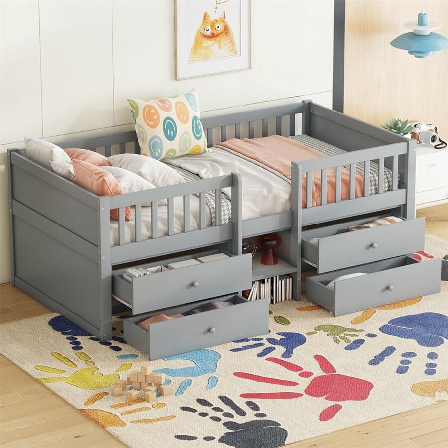 YEHTOKHOME Halfhoog bed 90x200 cm Houten Kinderbed met valbescherming 4 lades ladder grenenhout minimalistische stijl grijs zonder matras