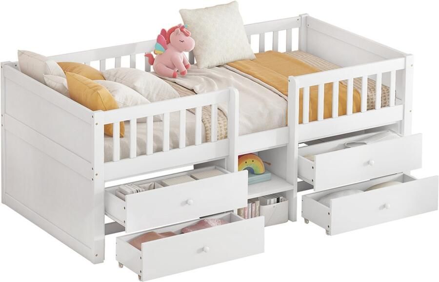 YEHTOKHOME Halfhoog bed 90x200 cm Houten Kinderbed met valbescherming 4 lades ladder grenenhout minimalistische stijl wit zonder matras - Foto 2