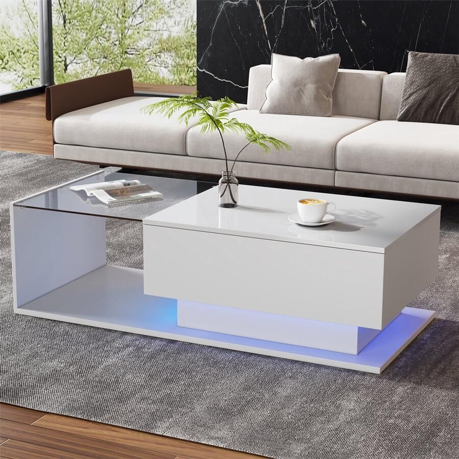 YEHTOKHOME Hoogglans Salontafel Koffietafel met Lade en LED-Verlichting Glazen tafelblad 100x50x32 cm Wit