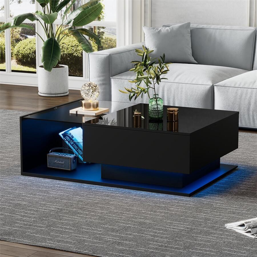 YEHTOKHOME Hoogglans Salontafel Koffietafel met Lade en LED-Verlichting Glazen tafelblad 100x50x32 cm Zwart