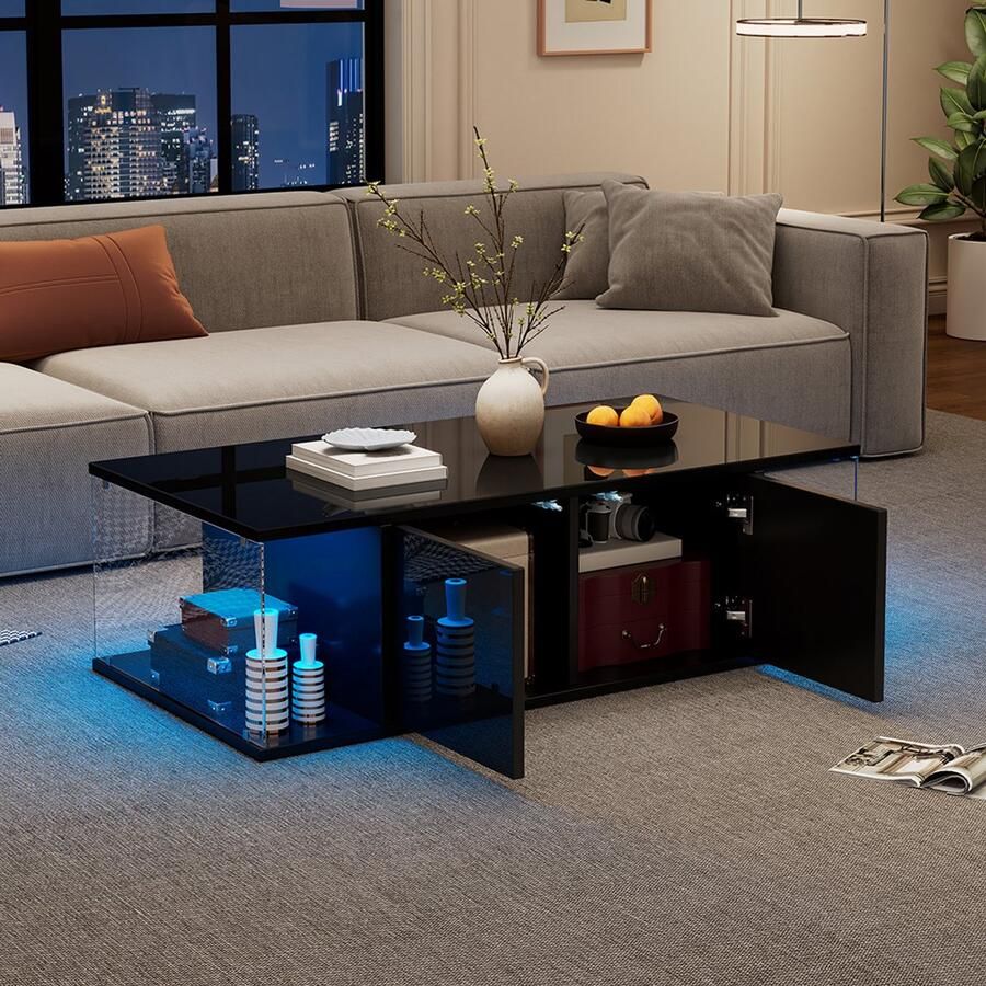 YEHTOKHOME Hoogglans Salontafel met 2 Kasten LED Verlichting Koffietafel met gehard glas en opbergruimte zwart 100x50x30 cm