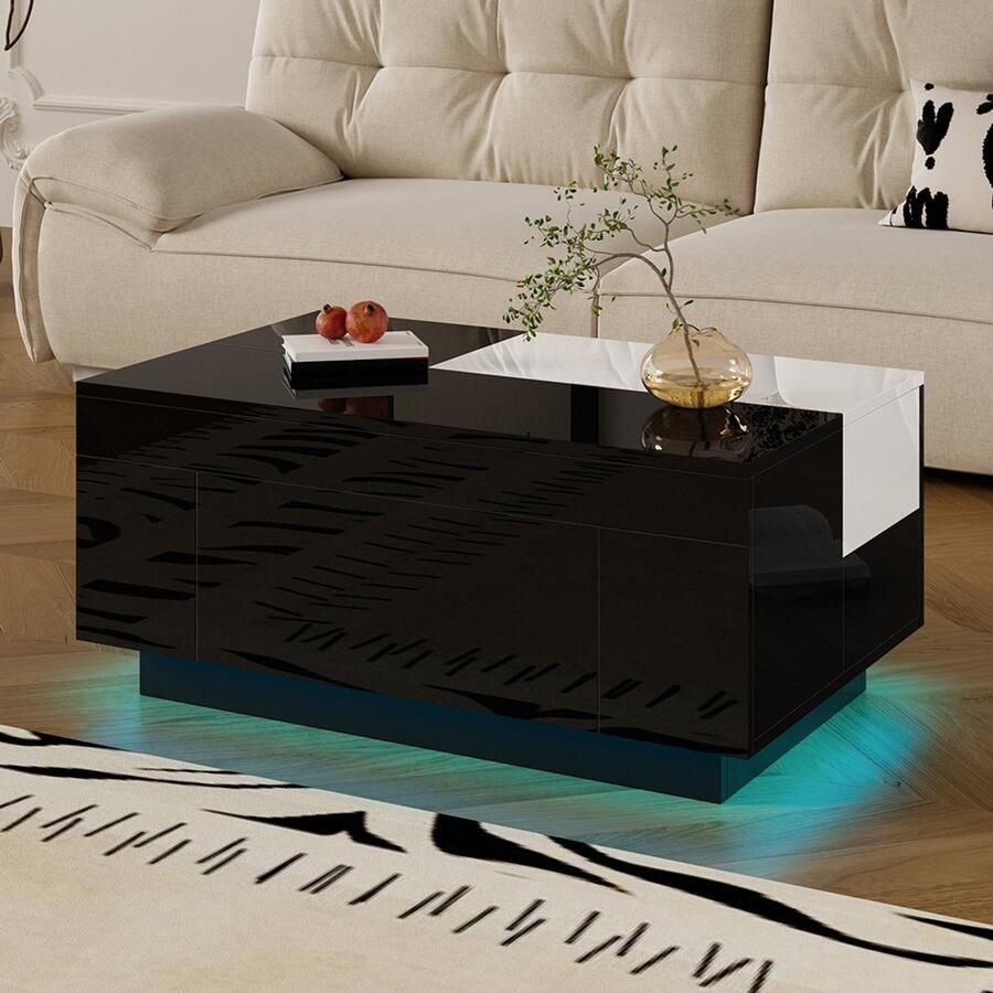 YEHTOKHOME Hoogglans Salontafel met LED-Verlichting en lade Uitschuifbaar tafelblad Verborgen opbergruimte Moderne bijzettafels Koffietafel Zwart 80x50x35 5 cm