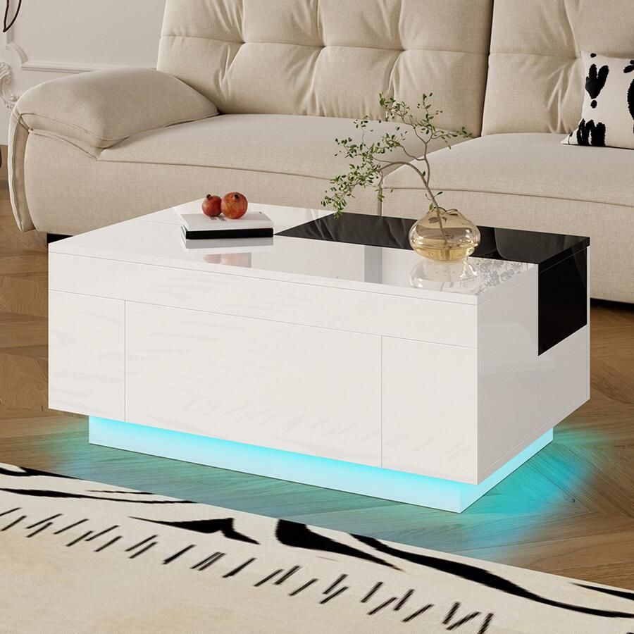 YEHTOKHOME Hoogglans Salontafel met LED-Verlichting en lade Uitschuifbaar tafelblad Verborgen opbergruimte Moderne bijzettafels Koffietafel Wit 80x50x35 5 cm