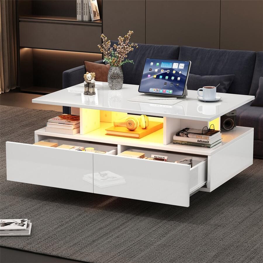 YEHTOKHOME Hoogglans Salontafel met opbergruimte en LED Verlichting Stijlvolle bijzettafel met 2 lades 90x55x41 cm Koffietafel voor woonkamer Wit