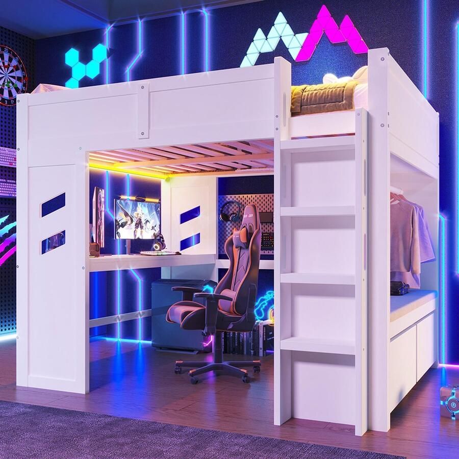 YEHTOKHOME Hoogslaper 140 x 200 cm Houten Bed met Bureau en Opbergruimte LED Verlichting USB en Type-C Aansluiting Ladder 2 Lades Kledingrek Wit (zonder matras)