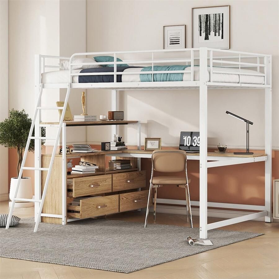 YEHTOKHOME Hoogslaper 140x200 cm praktische lades L-vormig bureau planken veiligheidsladder laminaat design zonder matras wit