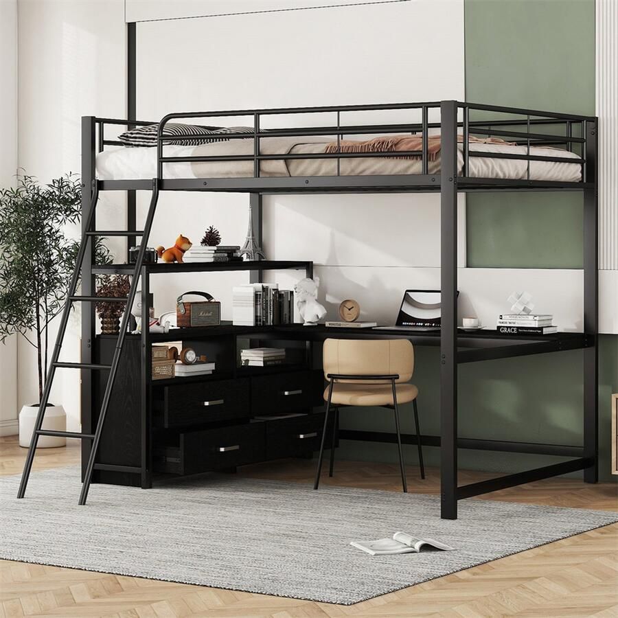 YEHTOKHOME Hoogslaper 140x200 cm praktische lades L-vormig bureau planken veiligheidsladder laminaat design zonder matras zwart