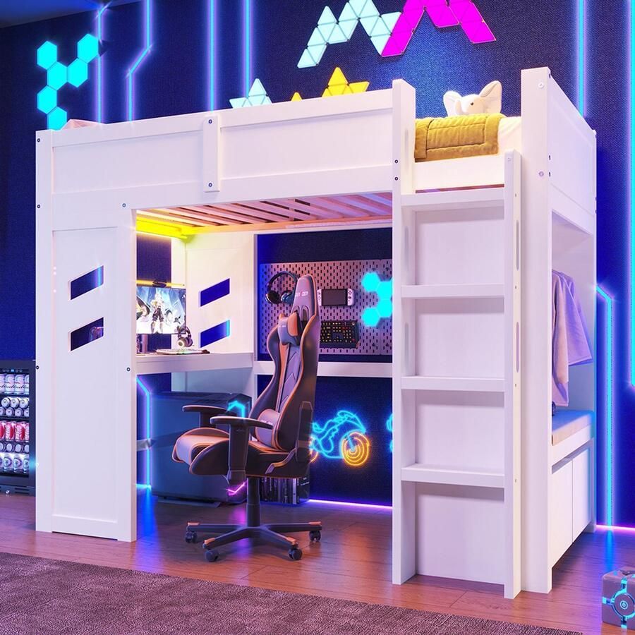 YEHTOKHOME Hoogslaper 90 x 200 cm Houten Bed met Bureau en Opbergruimte LED Verlichting USB en Type-C Aansluiting Ladder 2 Lades Kledingrek Wit (zonder matras)