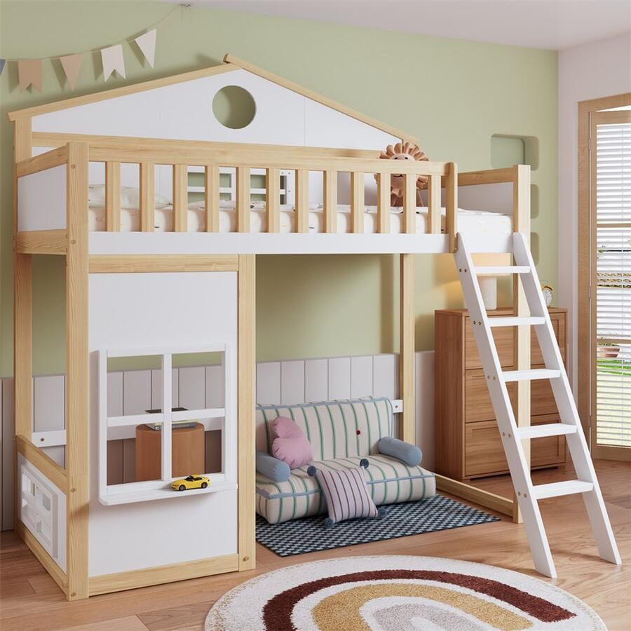 YEHTOKHOME Hoogslaper 90 x 200 cm Huisbed met raam en uitvalbeveiliging dak en rechte trap vrij vormgegeven onderbed bedframe van grenen wit + natuurlijk