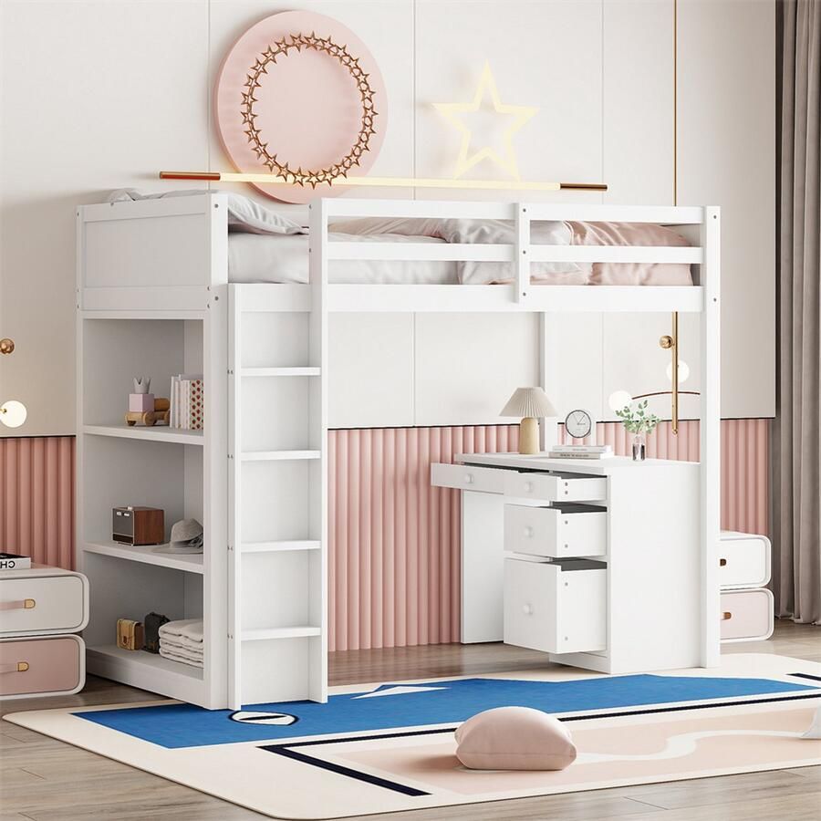 YEHTOKHOME Hoogslaper 90 x 200 cm met bureau en opbergruimte Multifunctioneel Kinderbed met lades en plank Houten bed rechthoekige ladder lattenbodem Wit (zonder matras)