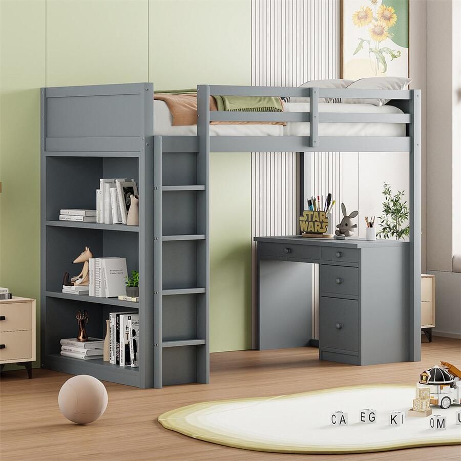 YEHTOKHOME Hoogslaper 90 x 200 cm met bureau en opbergruimte Multifunctioneel Kinderbed met lades en plank Houten bed rechthoekige ladder lattenbodem Grijs (zonder matras)