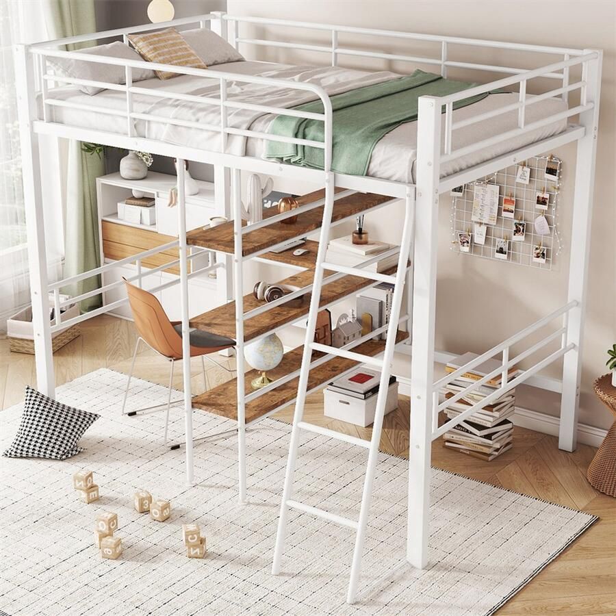 YEHTOKHOME Hoogslaper 90 x 200 cm met bureau meerdere planken leuningen ladder ijzeren frame wit zonder matras - Foto 2