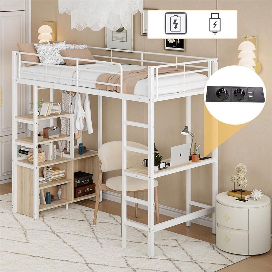 YEHTOKHOME Hoogslaper 90x200 cm ijzeren frame Kinderbed met bureau stopcontact en USB meerdere planken open opbergkast ladder wit (Zonder matras)
