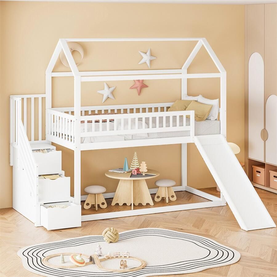 YEHTOKHOME Hoogslaper 90x200 cm Kinderbed stapelbed met glijbaan en opbergladder hoge schutting massief hout lattenbodem wit zonder matras