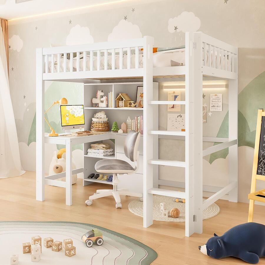 YEHTOKHOME Hoogslaper 90x200 cm Kinderbett met bureau meerdere opbergvakken 3 lades ladder zonder matras wit