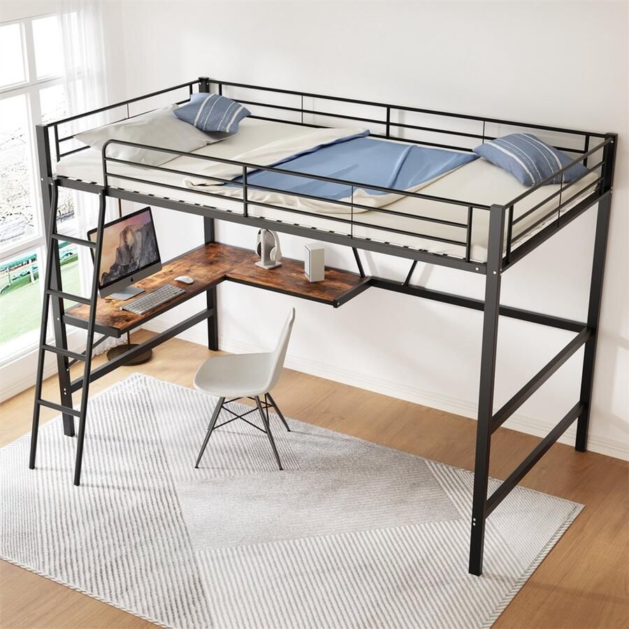 YEHTOKHOME Hoogslaper 90x200 cm L-vormig bureau plank veiligheidsladder ijzeren bed metalen bedframe zonder matras zwart