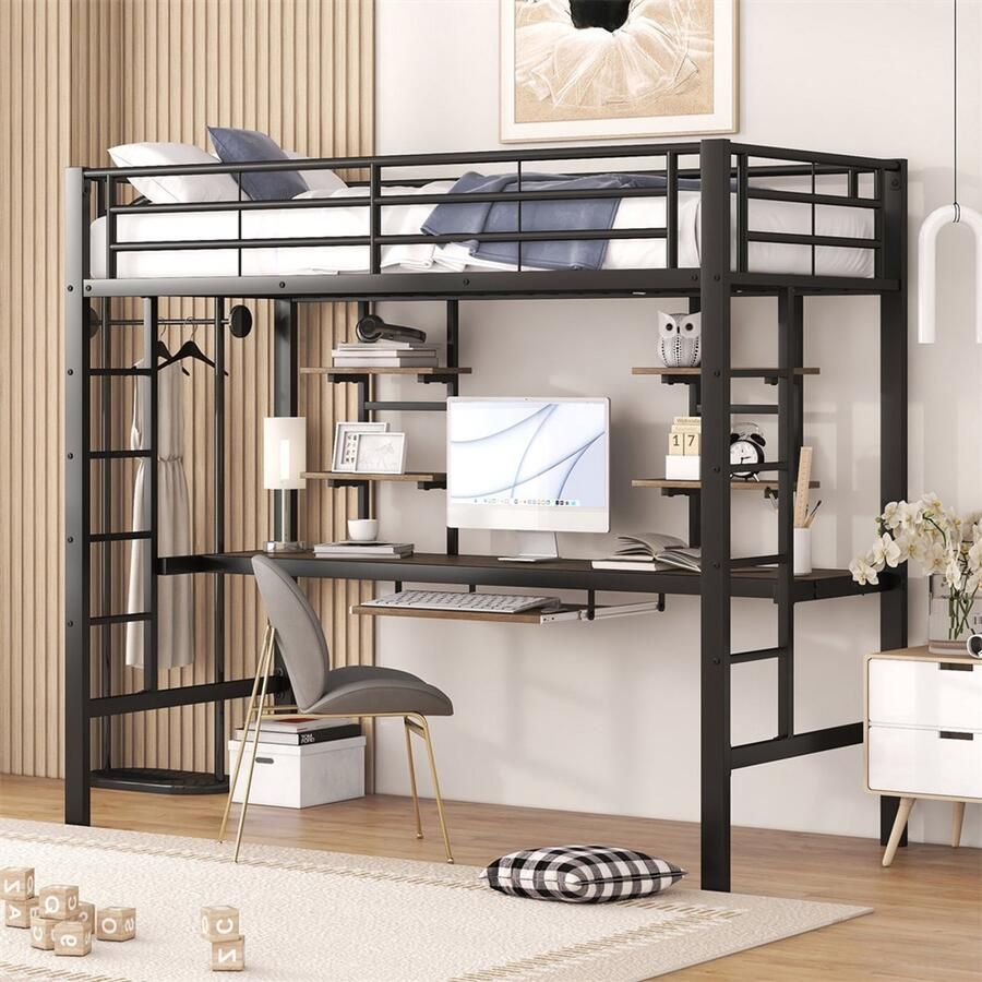 YEHTOKHOME Hoogslaper 90x200 cm met bureau en twee boekenplanken ijzeren frame ladder toetsenbordplank kinderbed zonder matras zwart