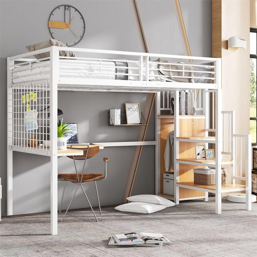 YEHTOKHOME Hoogslaper 90x200 cm met L-vormig bureau en kledingkast zijladder met leuning ijzeren frame kinderbed jeugdbed wit