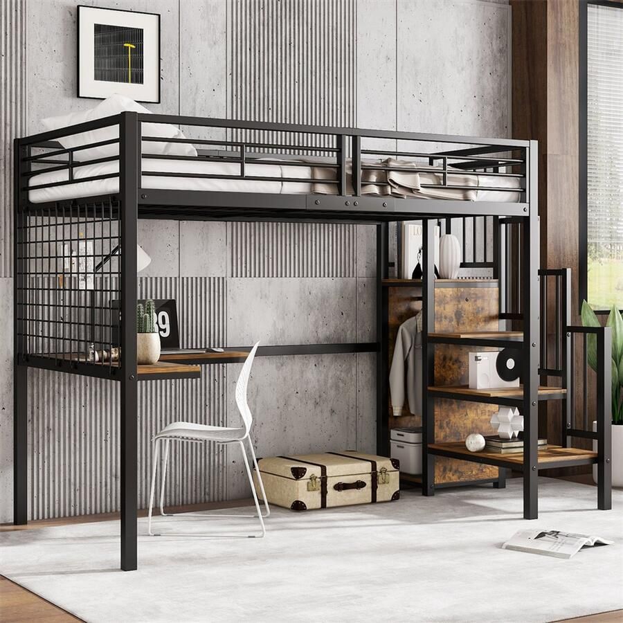 YEHTOKHOME Hoogslaper 90x200 cm met L-vormig bureau en kledingkast zijladder met leuning ijzeren frame kinderbed jeugdbed zwart